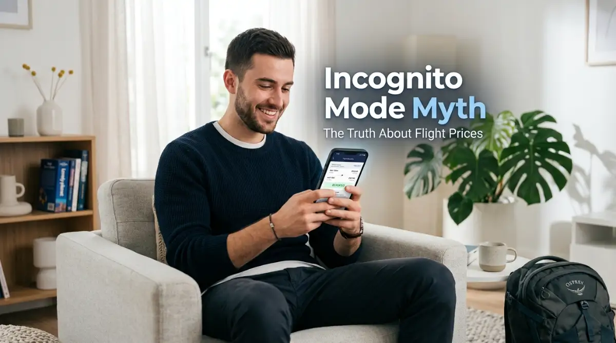 A smart young traveler looking relieved while checking international flight itineraries on his smartphone, proving that the incognito mode flight prices myth is not real.