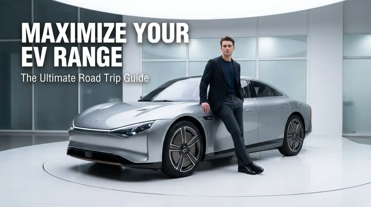 A young and smart male model standing confidently next to a modern electric car, showcasing the ultimate strategy for maximizing electric vehicle range on long road trips.