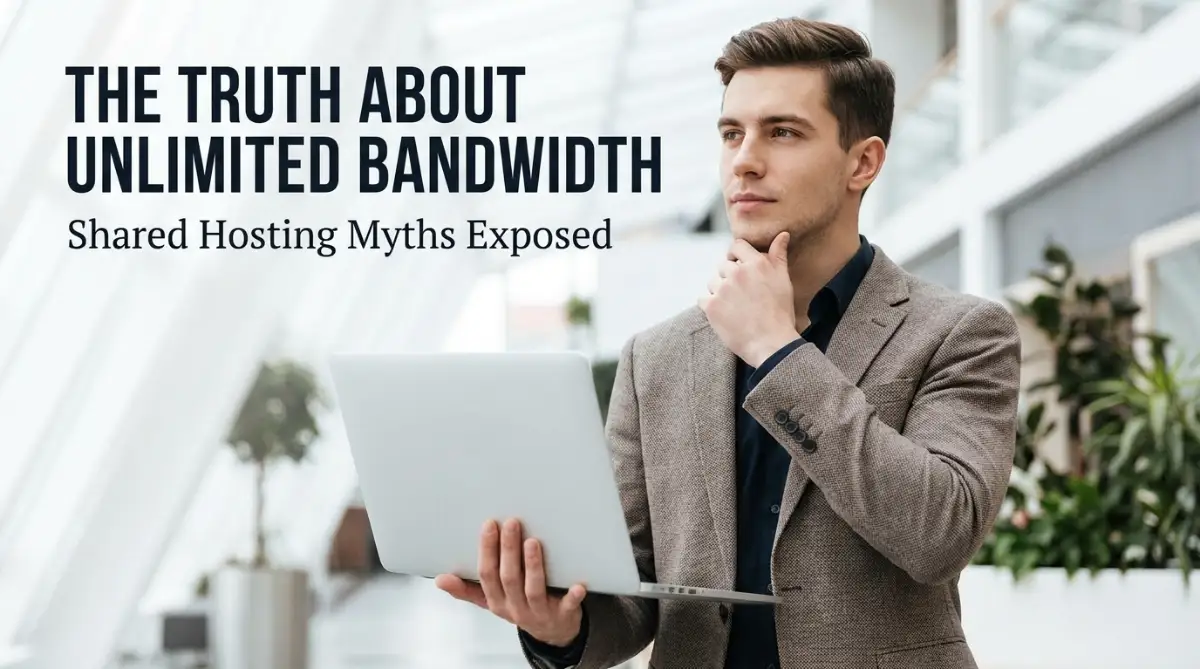 A smart young man analyzing the truth behind unlimited bandwidth on shared hosting plans to avoid unexpected website crashes.