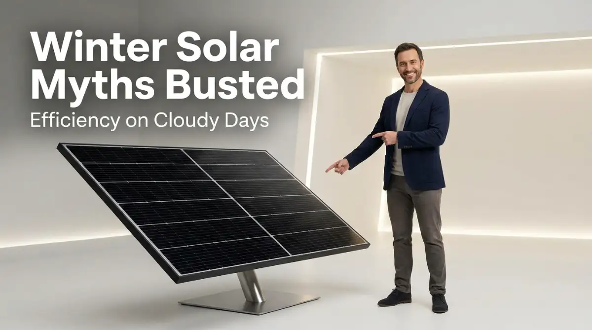 A smart young man stands next to a modern solar system, pointing out the truth about solar panel efficiency during cloudy winter days.